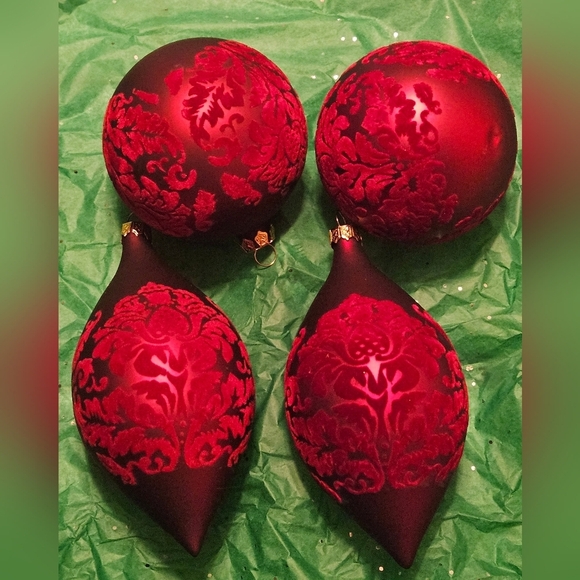 Hand Crafted Christmas Ornaments 4pc Set Red velvet upcycled ribbon Mod Podge - Picture 16 of 17